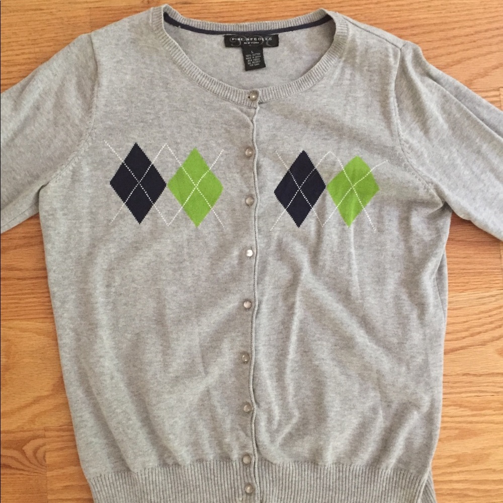 Gray 3/4 Sleeve Argyle Cardigan